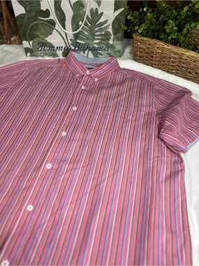 Johnston and Murphy Pink Multicolor Striped Short-Sleeve Button-Down Shirt XL